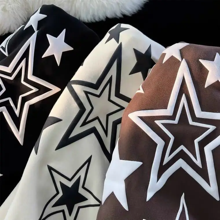 High Street Y2k Autumn And Winter Hooded Zip-up Star Hoodie Hoodies Couple Jacket Stitch Trend American Style Loose Pure Cotton