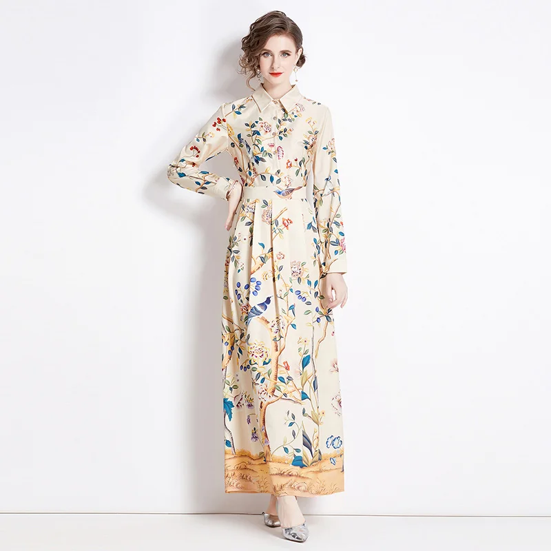 Spring 2024 New Long sleeved Positioned Printed Dress Casual Loose Size Over Knee Long Dress Fashion Party Dress Vestidos