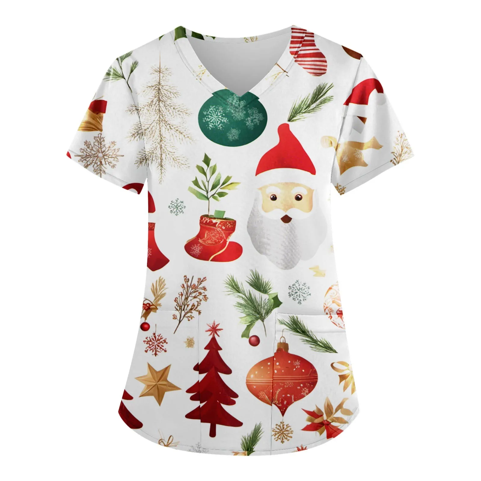 Atasan Perawat natal seragam medis Wanita Gambar Santa Claus seragam Suster V-Neck kaus Spa Kesehatan Rumah Sakit blus