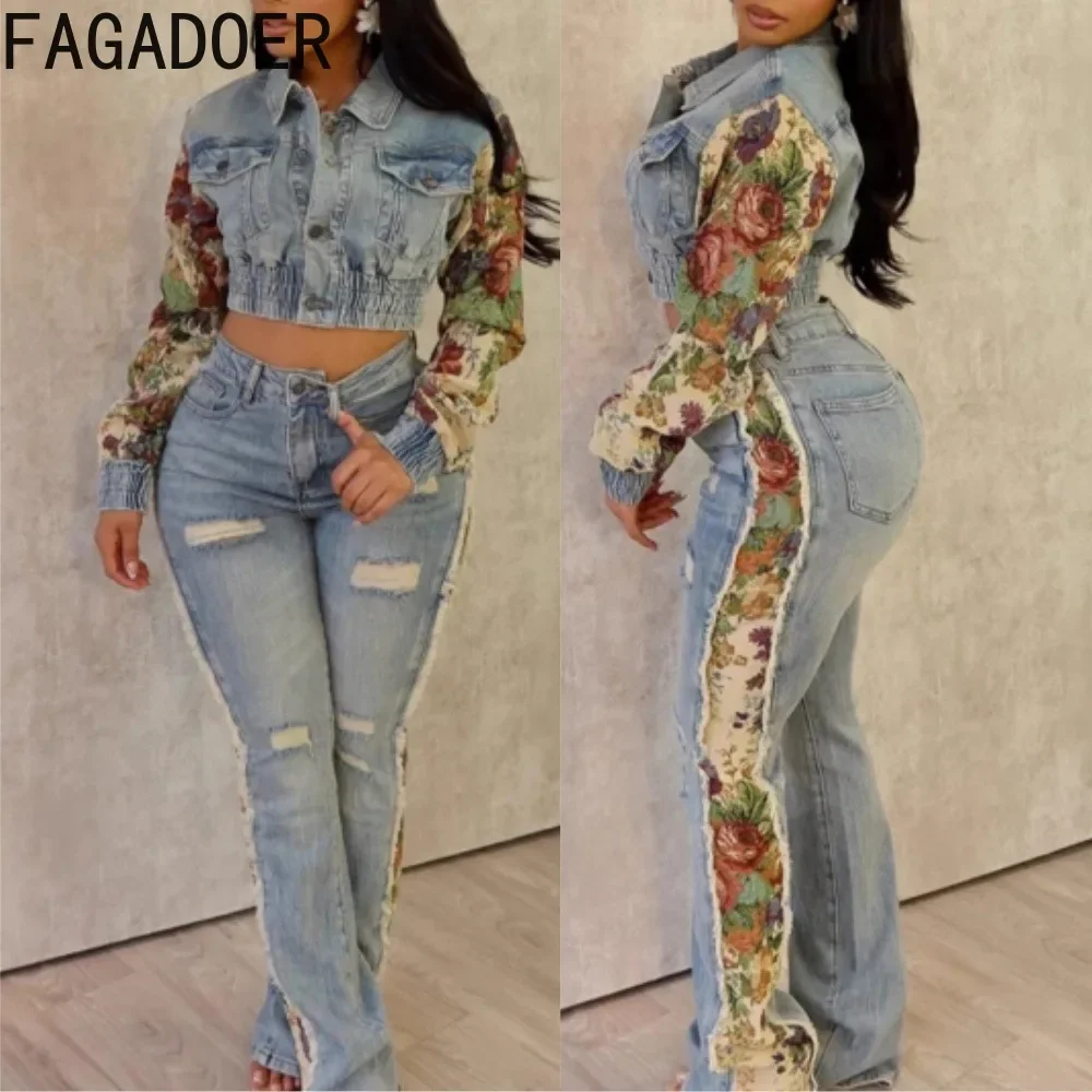 FAGADOER Damski 2-częściowy zestaw modny kieszonkowy nadruk z marszczeniami Patchwork Denim Crop Jacket + rozciągliwe dżinsy z wysokim stanem Streetwear