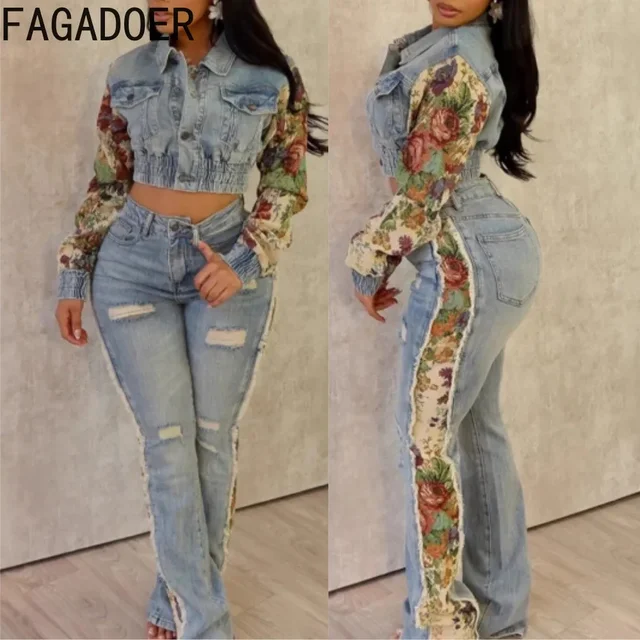 FAGADOER Damski 2-częściowy zestaw modny kieszonkowy nadruk z marszczeniami Patchwork Denim Crop Jacket + rozciągliwe dżinsy z wysokim stanem Streetwear