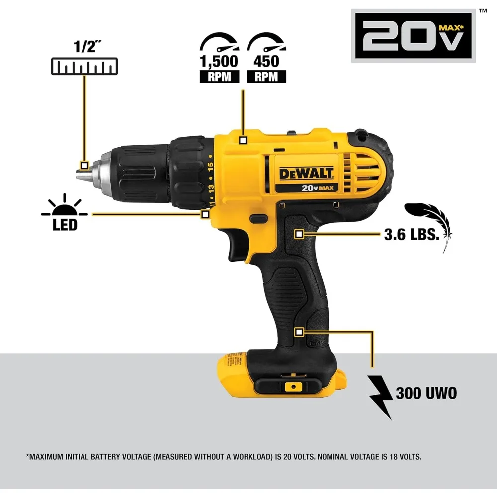DEWALT 20V Max Cordless Drill and Driver Kit with 21-Piece Titanium Bit Set and Pilot Point Technology