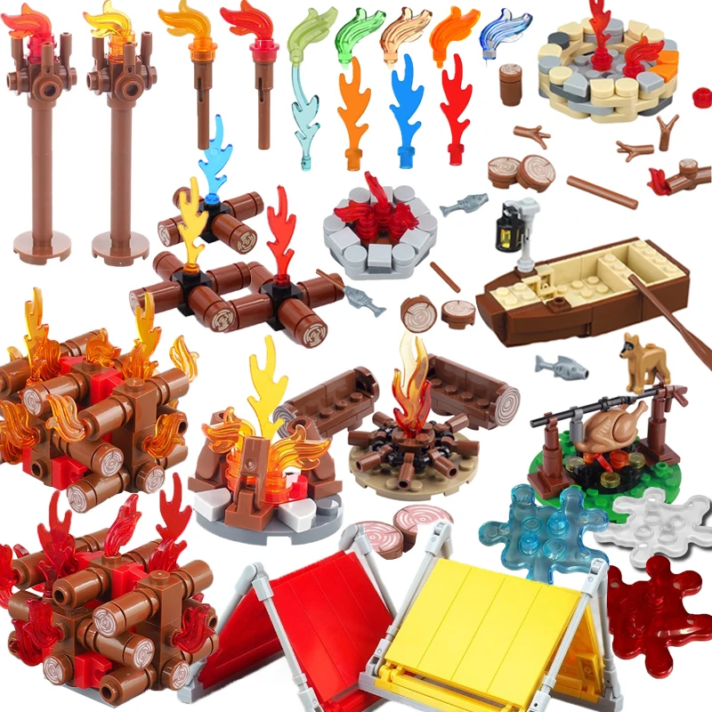 MOC Middeleeuwse Bouwstenen Compatibel Vlam Veer Camping Houten Stapel Vreugdevuur Tent Accessoires Model Mini Bakstenen Speelgoed Geschenken