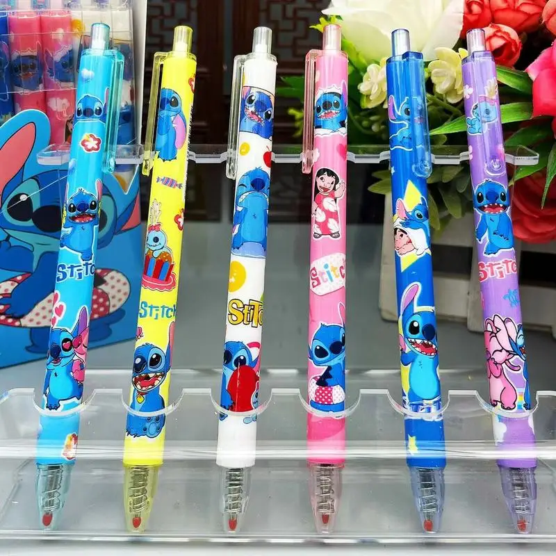 Disney-Stitch Cartoon Gel Pen, Black Water Ink, Press Pen, Caneta Assinatura Bonito, Estudante Papelaria Gift, Novo, 0.5mm, 12Pcs