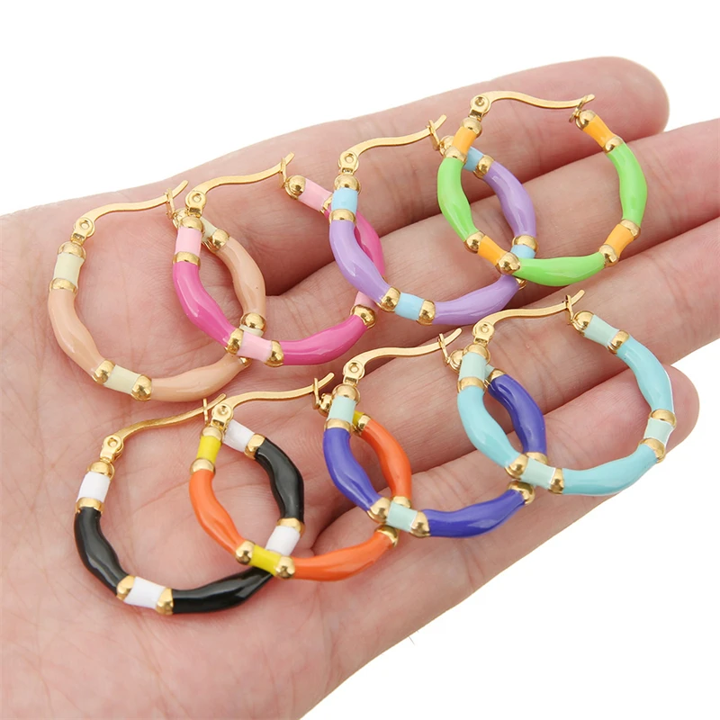 316L Stainless Steel New Fashion Fine Jewelry Size 3cm 9 Colors Colorful Candy Colors Thick Paint Bamboo Hoop Earrings For Women