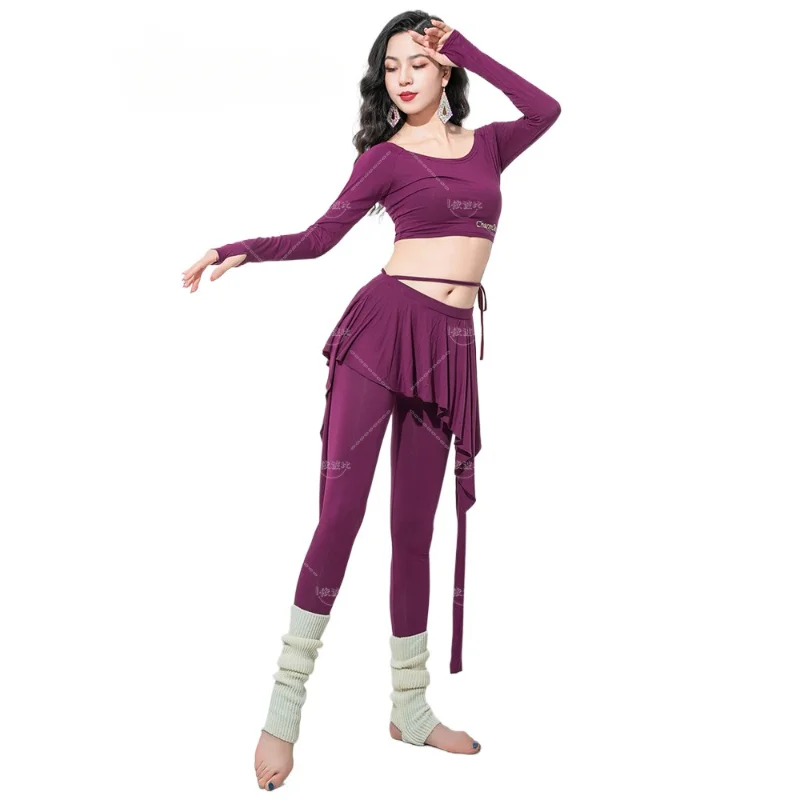 

Modal Bellydance Costume 2 Piece Set Women Practice Thumb Finger Long Sleeve Top Skirt Pant Fairy Rave Outfit Sexy Dancewear New