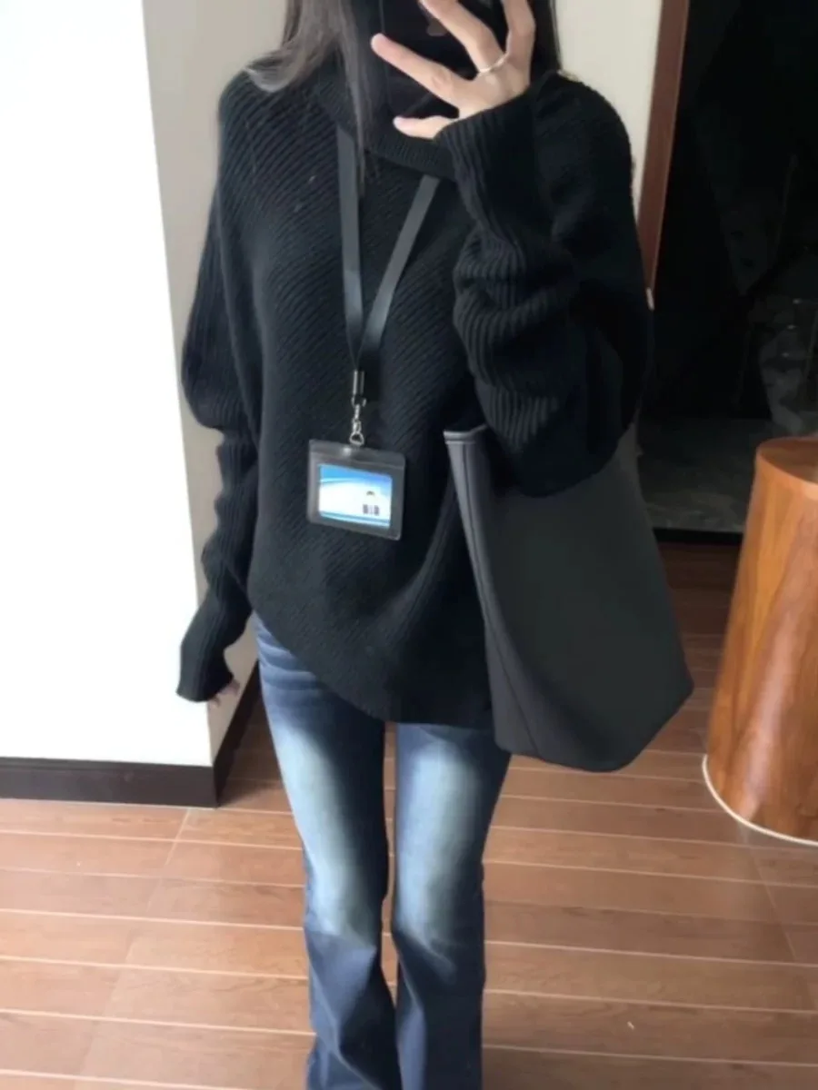 Suéter de Tricô sso de Gola Alta Oversized para Mulheres, Estilo Casual de Cor Sólida para Outono e Inverno