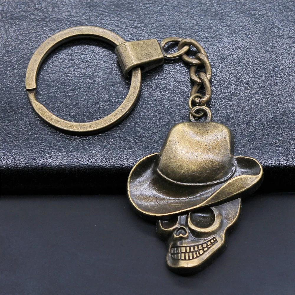 Women Men Keychain DIY Metal Holder Chain Antique Bronze Color 44x35mm Hat Skull Pendant Keyring Gift