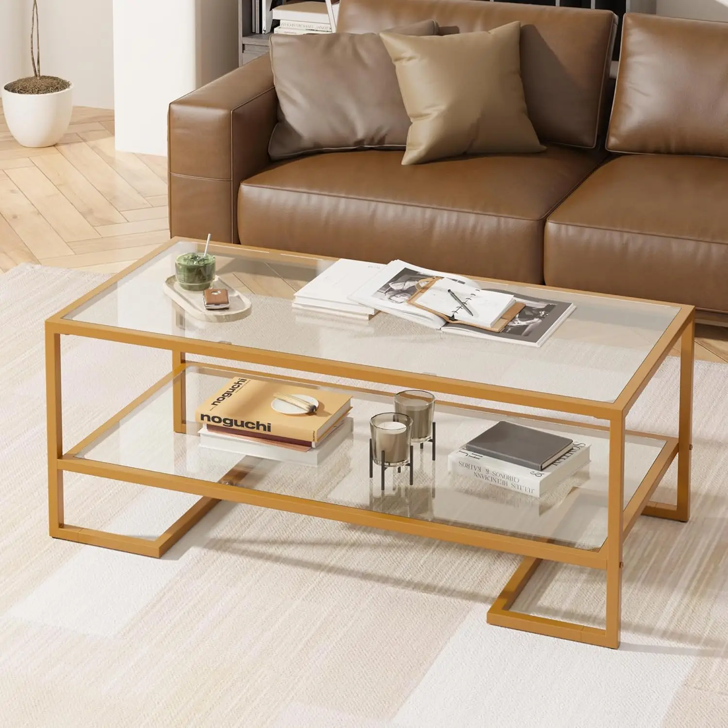 

2 Tier Tempered Glass Coffee Table, Rectangle Modern Center Table With Metal Frame, Glass Accent Table Open Storag