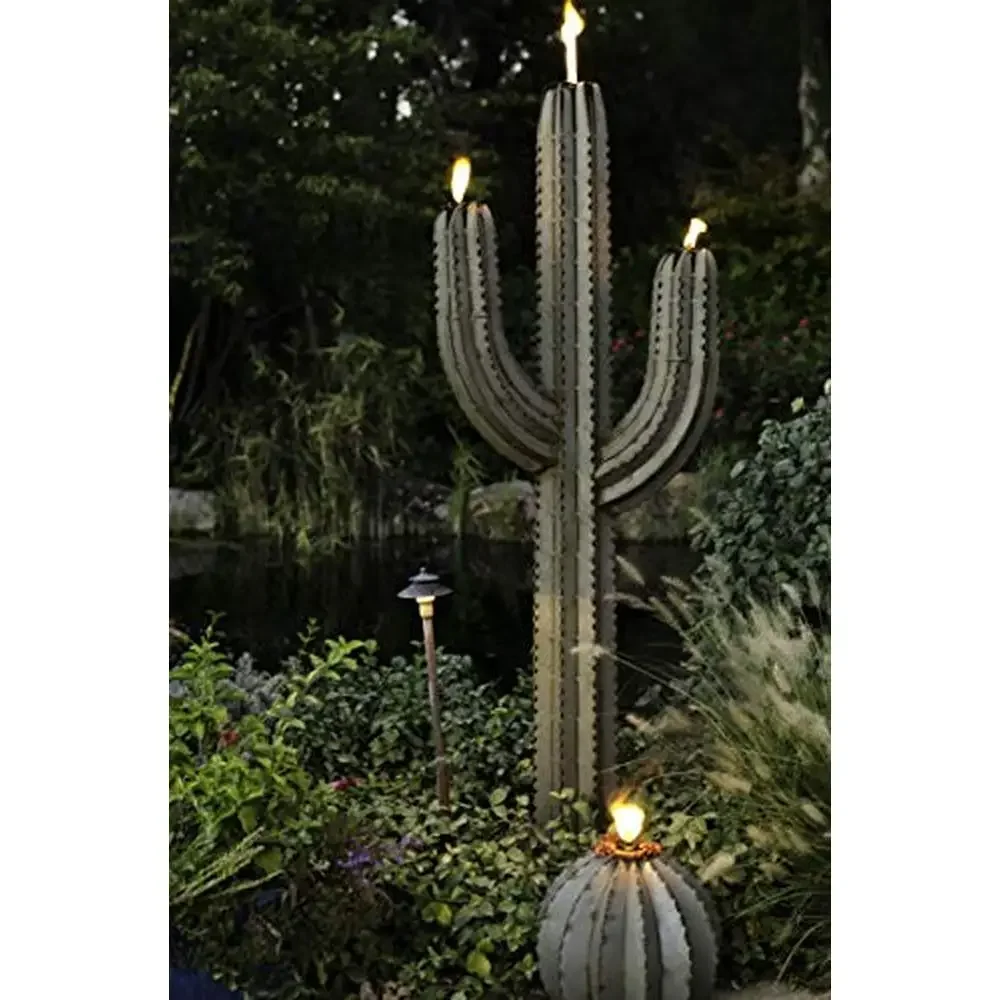 Saguaro Cactus Torch Outdoor Metal Yard Art Sturdy Galvanized Steel Garden Decoration Insect Repellent Easy Assembly Yard Décor