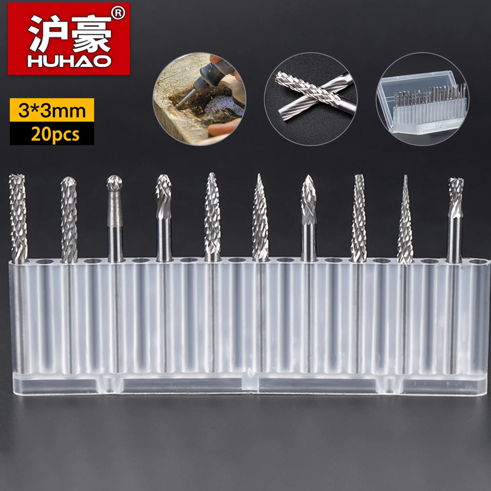 HUHAO 20pcs Carbide Rotary Burrs Set Tungsten Rotary File Metal Mill for Drill Engraver Cutter Carpentry Machining Tools