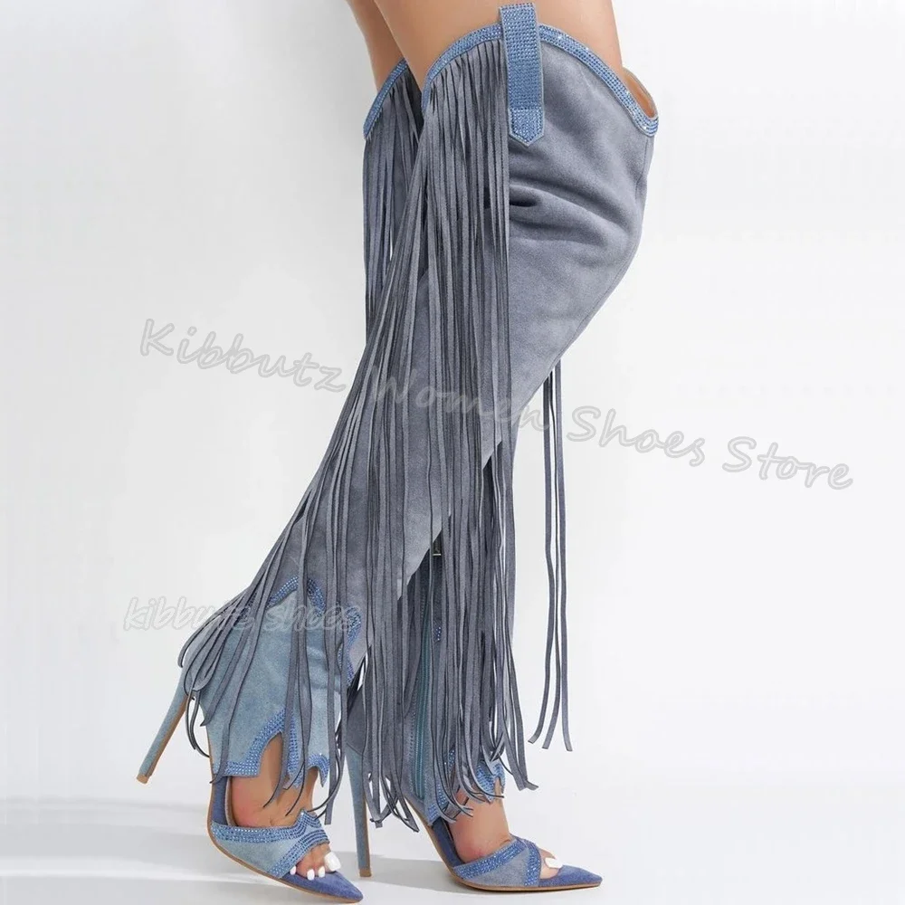 Fringe Over The Knee Sandal Boots Suede Fashion Novelty Sexy Elegant Comfortable Women Shoes New Pointed Toe Thin Heels Slip-On