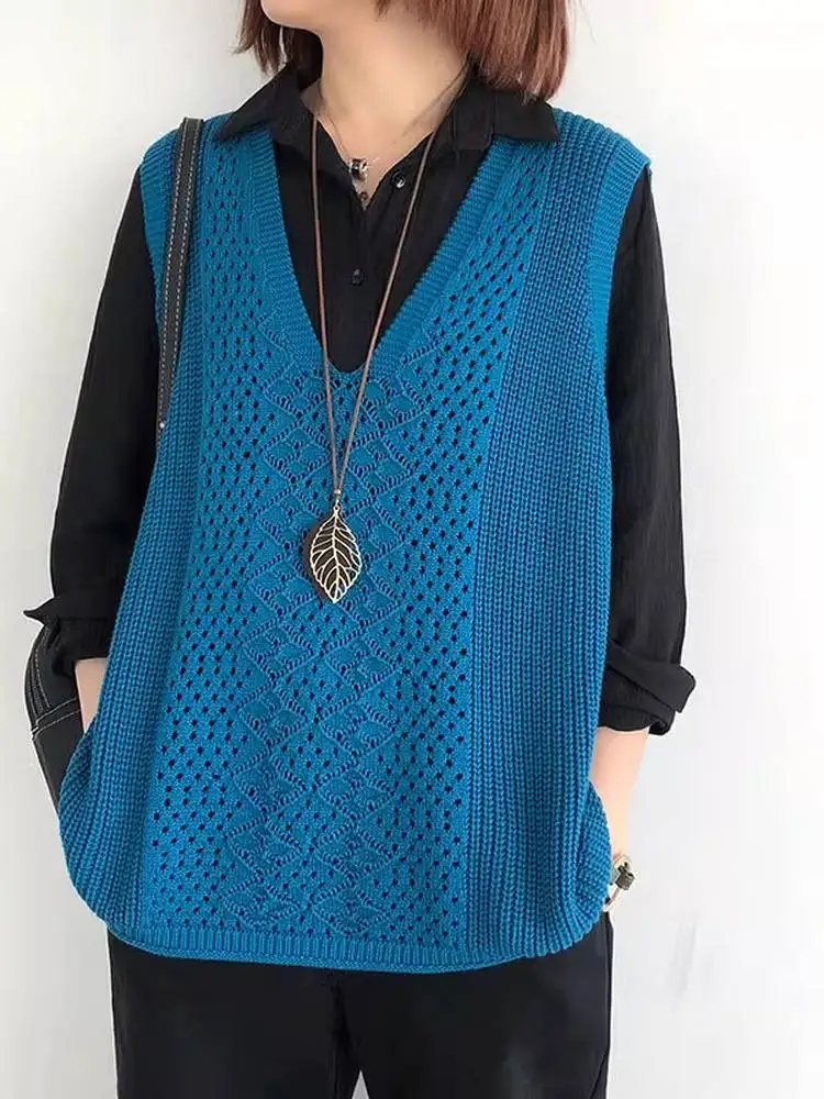 Knitted Loose Hollow out Thin Sleeveless Vest Women's Backless Vintage V-Neck Trendy Outerwear for Spring Autumn