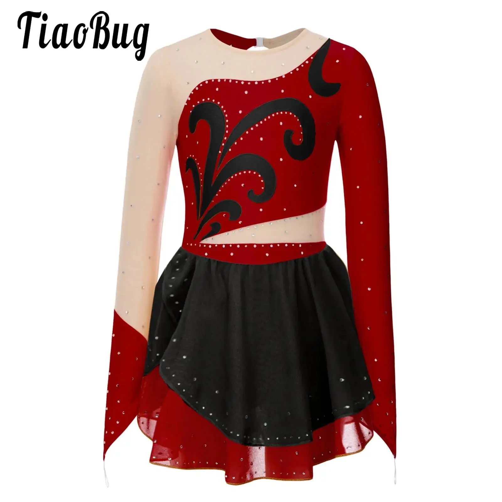 Kids Girls Figure Skating Performance Costume Ballet Lyrical Dance Dress Finger Holes Long Sleeves Mesh Patchwork Tutu Dress