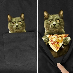 CLOOCL Funny Cats T-Shirts Newest British Shorthairs Cheese Pizza Printed Pocket T-shirt Mens Women Clothing Short Sleeve Shirts