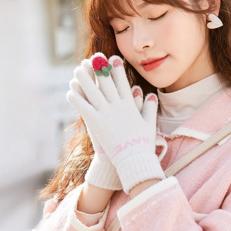 

Женские перчатки, осенние и зимние, холодная и теплая изоляция, милые вязаные перчатки с сенсорным экраном, велосипедные перчатки