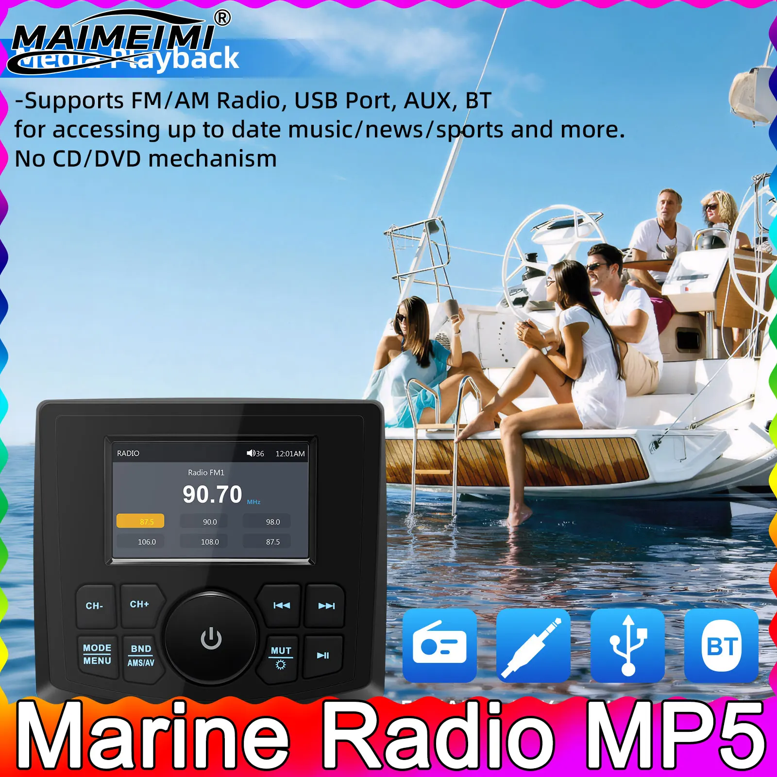 

Морской радиоприемник MP5 с 3-дюймовым дисплеем, водонепроницаемый, с Bluetooth, AUX, AM/FM, RDS для лодок, квадроциклов, UTV, SPA, RZR