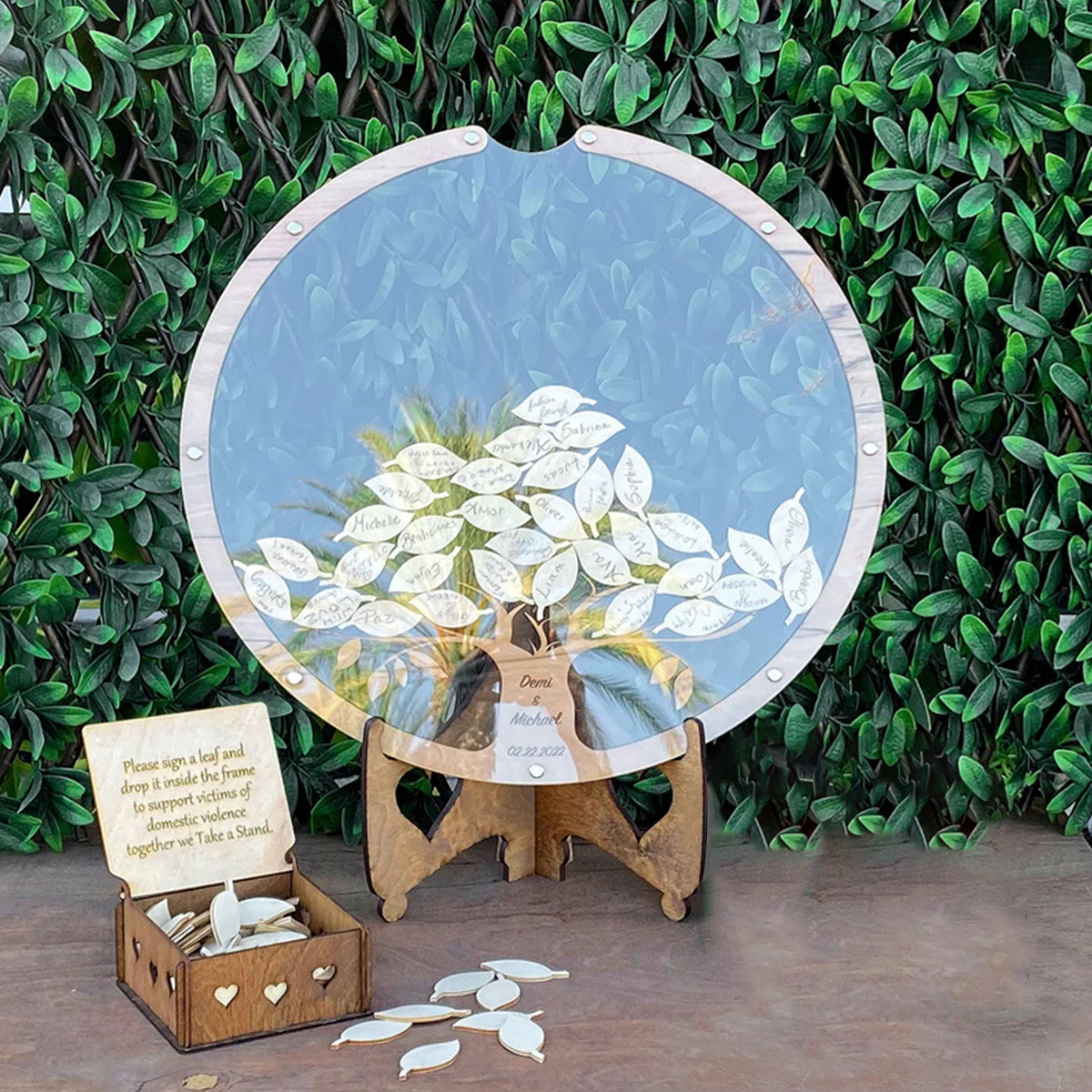 Wedding Guest Book Kit Wooden Transparent Guest Book Drop Box with Round Shape Frame Box Wooden Leaves Wedding Party Decoration