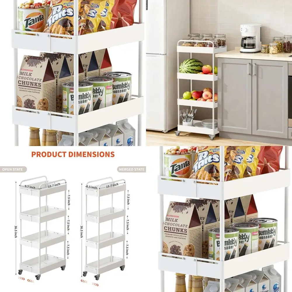 

Расширяемая 4-ярусная металлическая тележка на колесах для домашнего хранения белого цвета