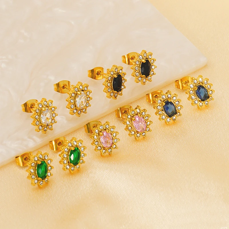 

10 шт. модные простые ювелирные изделия из нержавеющей стали, позолоченные красочные серьги-гвоздики с цирконием и подсолнухом для женщин