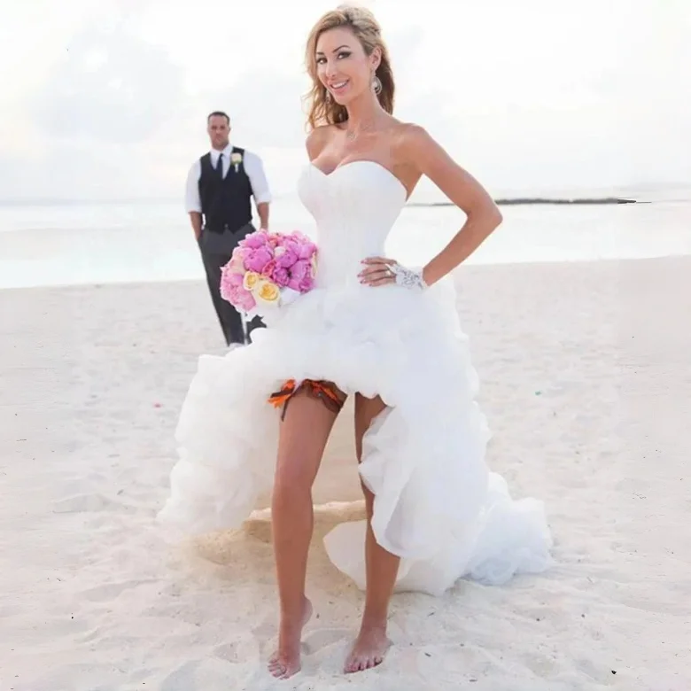 Gorgeous Beach White Short Organza Sweetheart Asymmetrical Wedding Dresses Boned Corset Bodice Front Short Front Hem Customiza