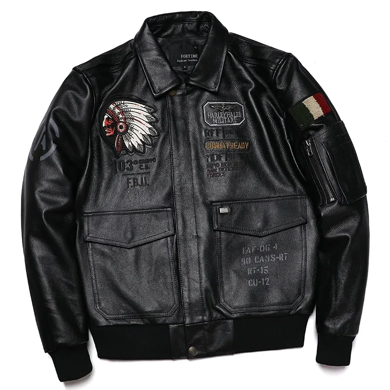 2022 New Indian Embroidery A2 Flying Pilot Suit Genuine Leather Jacket Men's Cowhide Aviator Jackets 100% Leather Red Clothing