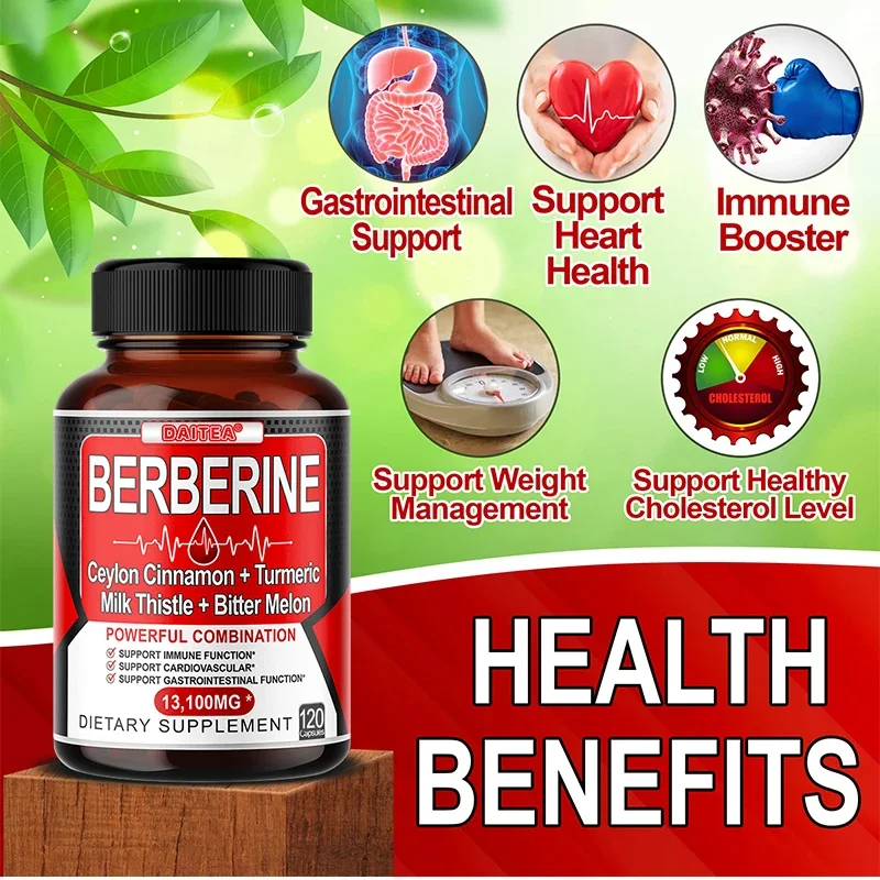 Daitea Berberine Capsules - Ceylon Cinnamon + Turmeric + Bitter Melon Extract - Cardiovascular and Digestive Health Non-GMO