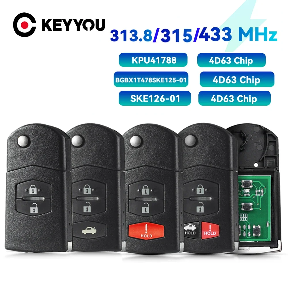KEYYOU Remote Key For Mazda 2 3 5 6 8 CX-7 CX-9 MX-5 BGBX1T478SKE125-01 KPU41788 SKE126-01 4D63 313.8/315/433Mhz With Battery