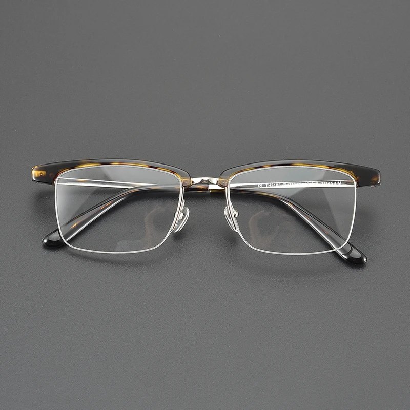 Business Series Carved Pure Titanium Acetate Glasses Frame Men Square Japanese Designer Handmade Half Frame Myopia Eyewear 2023