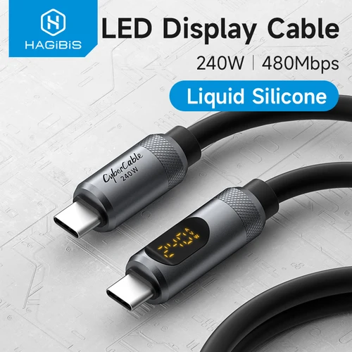 Hagibis USB C 타입 고속 충전기 케이블, LED 디스플레이 포함, PD 240W 실리콘 충전 코드, 아이폰 16 맥북 프로 에어용 