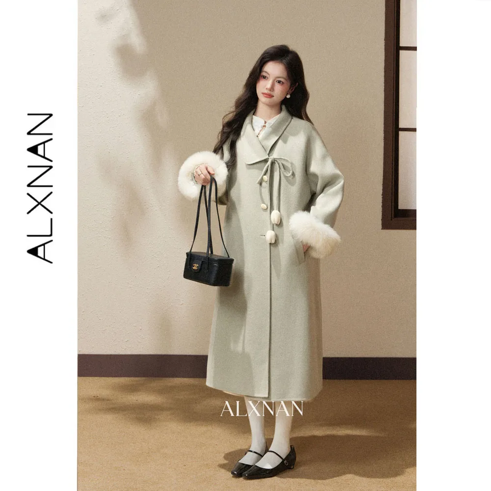 ALXNAN Women's Green Long Wool Coat 2026 Autumn Winter 100% Merino Wool Furry Sleeve Overcoat Warm Fashion Female Outwear L68301
