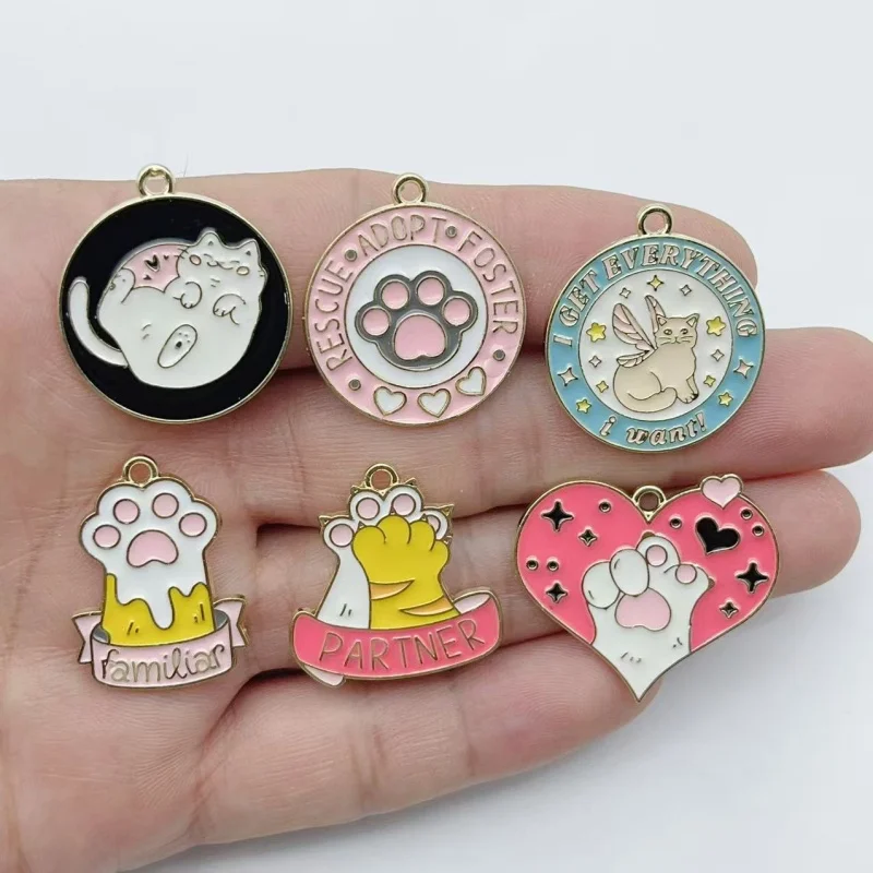 10Pcs Cute Cat & Paw Print Enamel Alloy Charms Mixed Designs Pendant For DIY Bracelet Necklace Keychain Jewelry Making Supplies