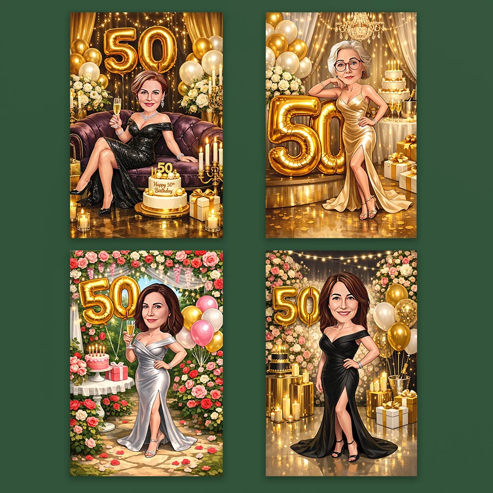 Custom 50th Birthday Elegant Woman Caricature Prints Funny Personalized Gifts 55 Birthday Celebration Art Canvas Painting
