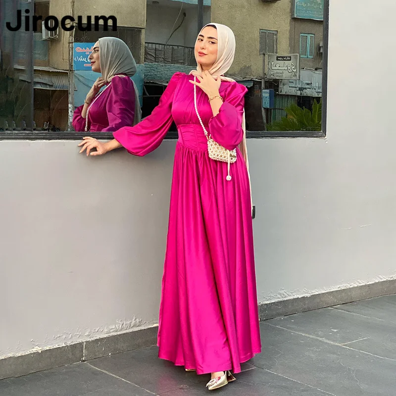 

Jirocum Elegant A-Line Muslim Prom Gowns Women's High Neck Long Sleeve Party Evening Gown Rose Red Ankle Special Occasion Dress