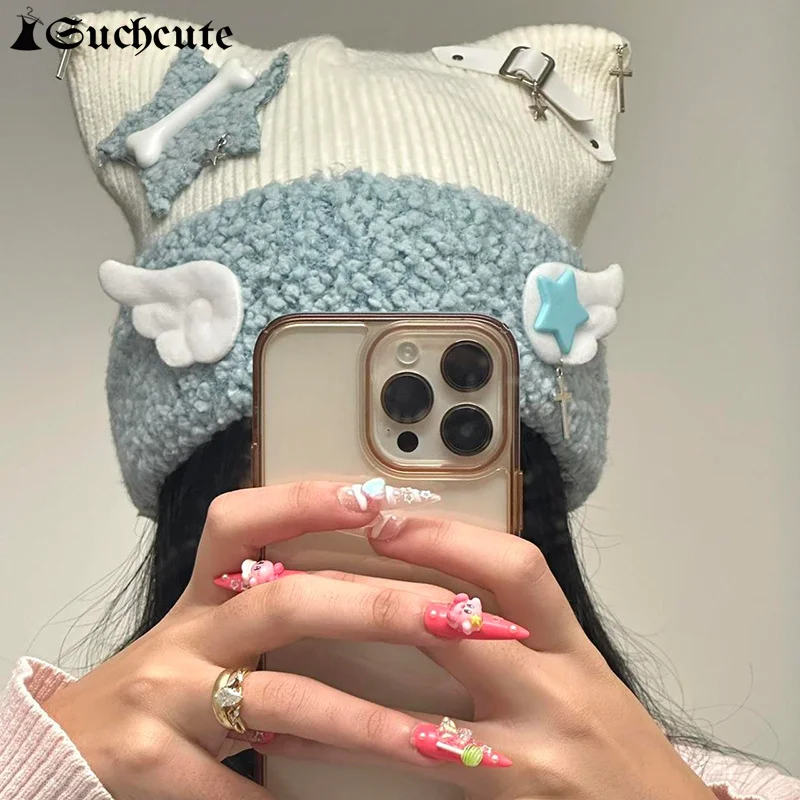 SUCHCUTE Y2k Cat Ears Beanies Hat Women Autumn Winter Fleece Warm Contrast Hats Woolen Kawaii Star Wings Cross Accessories Hats