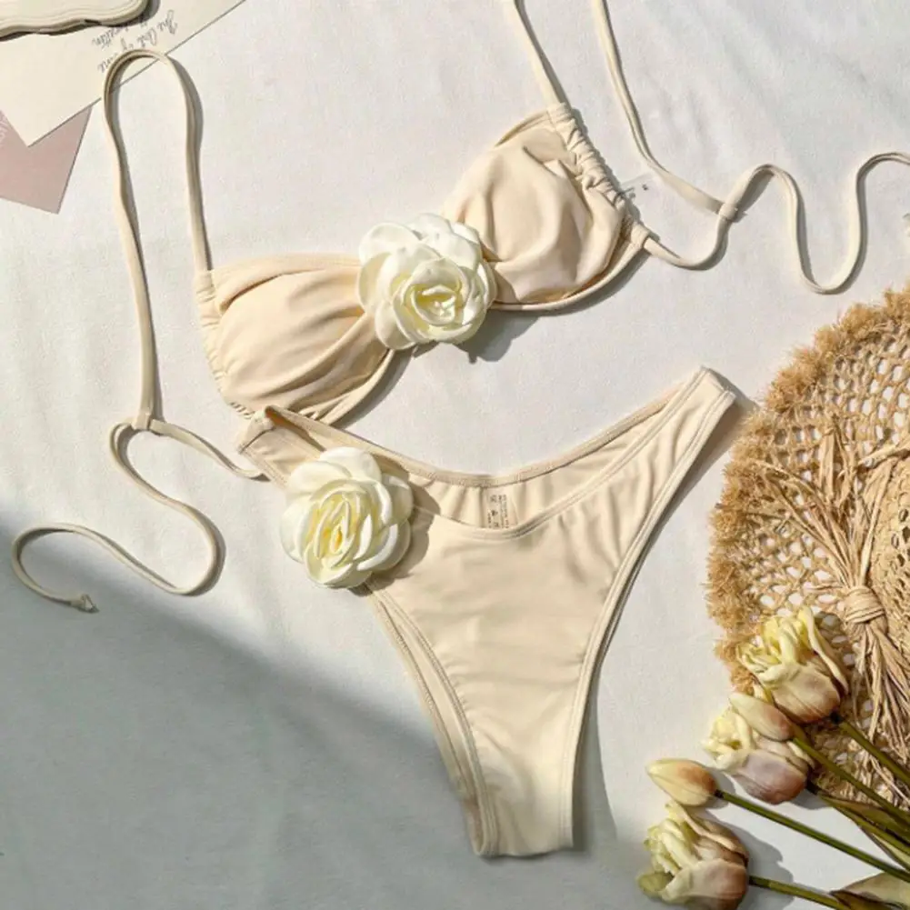 

Adjustable Suspenders Bikini Set Open Back Swimsuit Adjustable Suspenders 3d Flower Decor Bikini Set Quick Drying Bra for Women