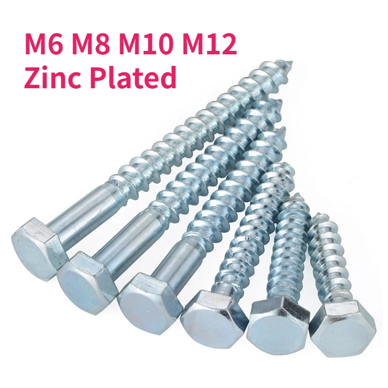 

M6 M8 M10 M12 Zinc Plated Carbon Steel Hexagon Head Self-tapping Wood Screws Lag Bolts Length 20mm~200mm