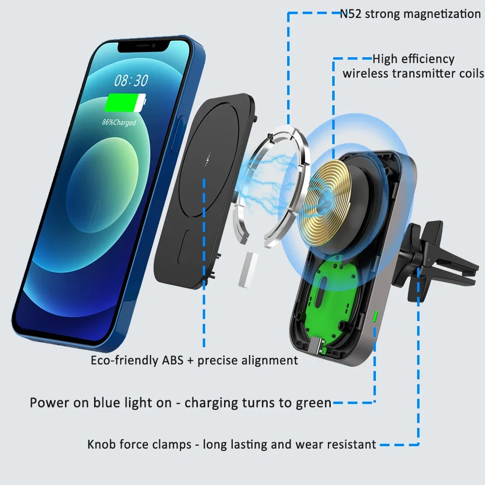 15W Magnetic Car Wireless Charger Auto Mount  for  IPhone 12 Pro Max Fast Charging Air Infrared Induction