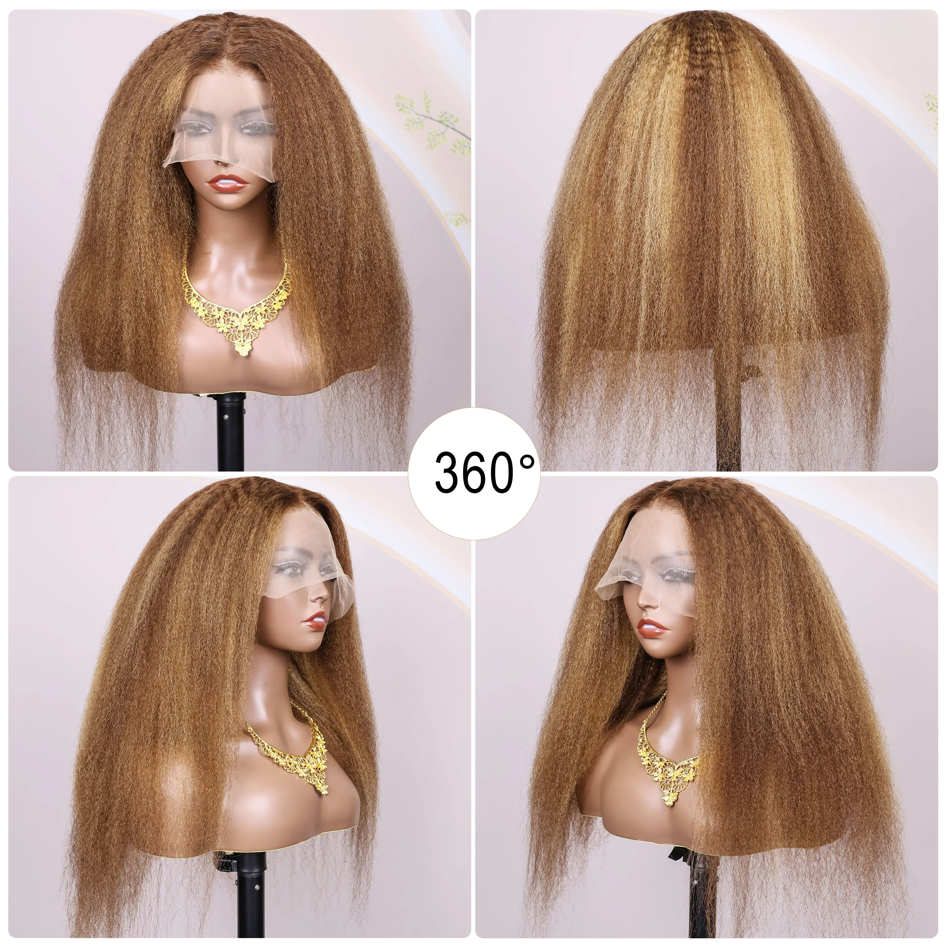 Highlight 4/27 Ombre Kinky Straight 13X6 HD Lace Front Wigs Human Hair For Women Yaki Wig Pre Plucked Natural Black 200% Density
