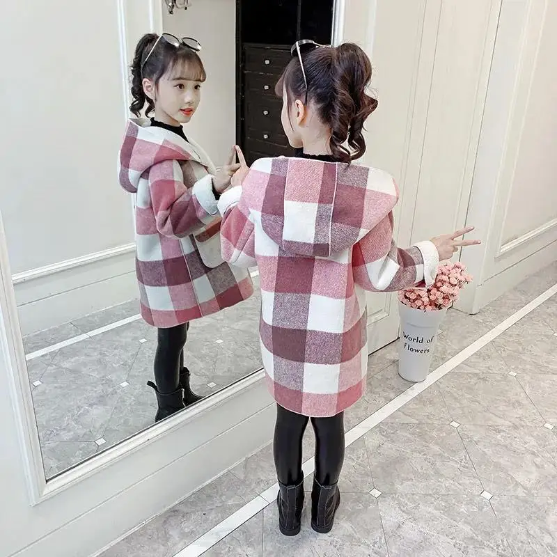 Fashion Girls clothing Jackets Autumn Winter parka Clothes Medium Long coat windbreaker Plaid Thicken Lamb Children Woolen Coats