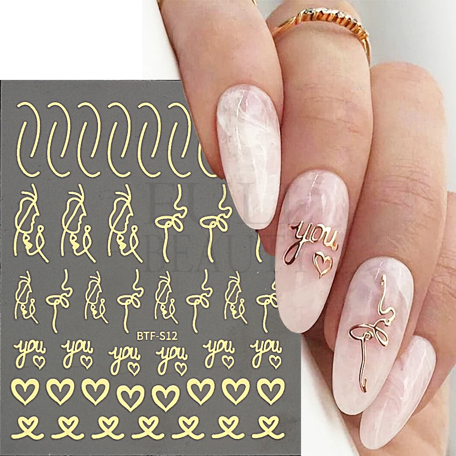 3D Valentine's Day Nail Sticker Gold Loving Heart Wing Abstract Line Design Decal Slider Self-adhensive Manicure Decor LEBTF-S13