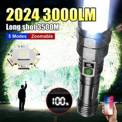 2024 3000 Lumens High Power LED Flashlight Portable Rechargeable Flashlight Outdoor Camping Torch Tactical Lantern Fishing Light