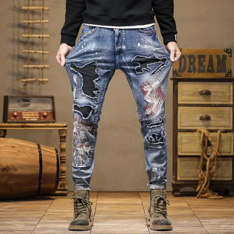 Street biker high-end men's jeans personalized color collision splicing embroidery men's pants small straight pants