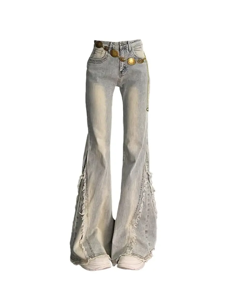 

American Retro Y2k Women Flare Jeans Frayed Design High Waist Slimming Denim Pants Streetwear Casual Long Trousers