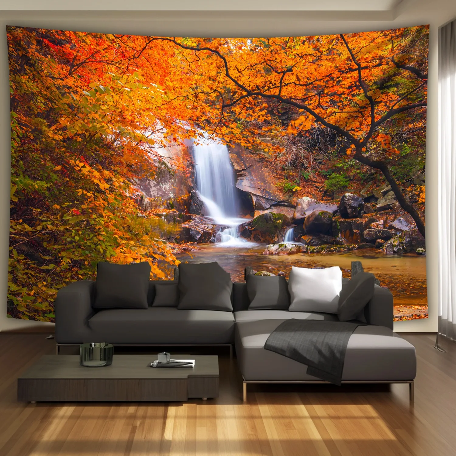 Vibrant Autumn Waterfall Tapestry: Golden Fall Forest & Stream Scene Pattern Cozy Cottagecore Wall Decor for Living Room Bedroom