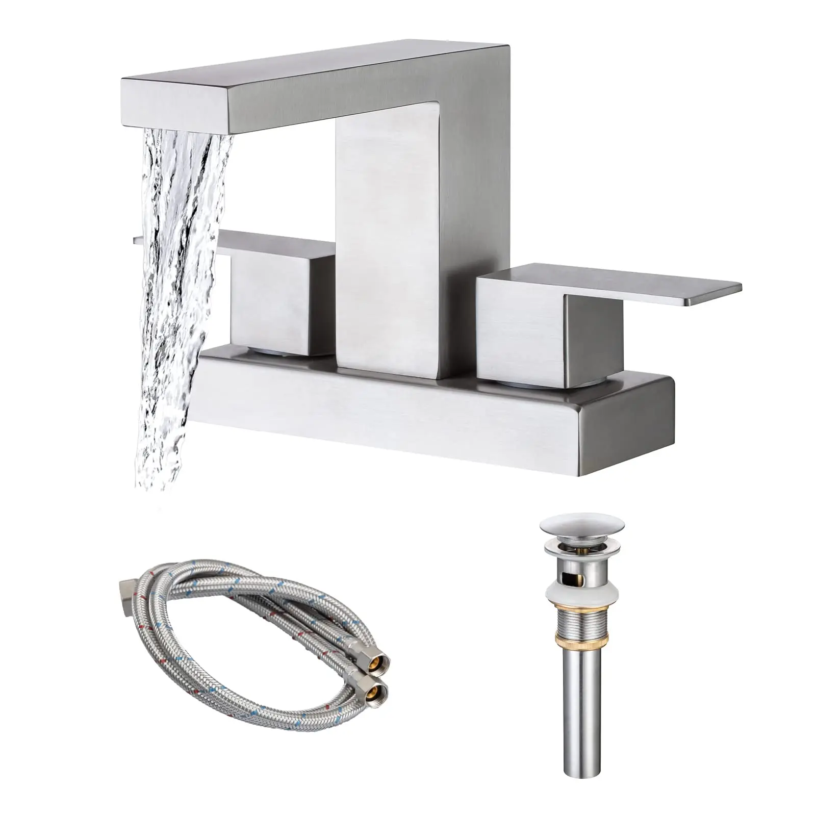 4 Inch Centerset Waterfall Bathroom Faucet Modern 3 Hole Lavatory 2 Handle Vanity Basin Faucet with Pop Up Drain Brushed Nickel