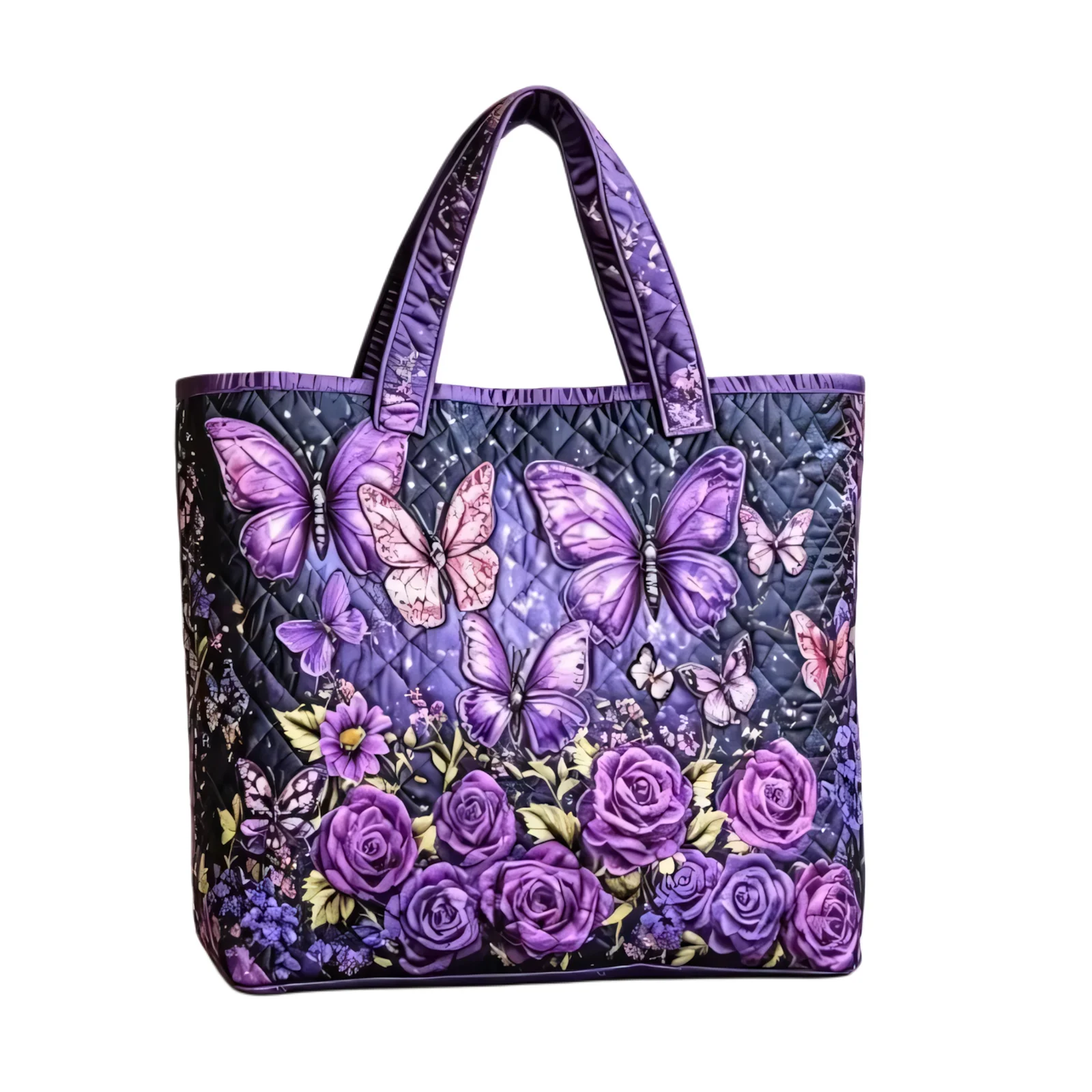 

Quilted Tote Bag Fantasy Purple Butterfly Rose Aesthetic Large Capacity Women Men Shoulder Bag for Daily Shopping