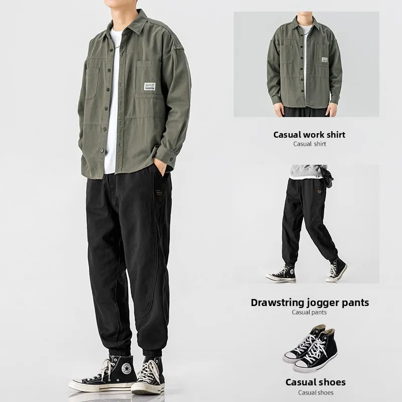 

Enluya мужские повседневные брюки-карго осенние модные свободные спортивные длинные брюки с манжетами в американском стиле ретро десантник свободные спортивные штаны