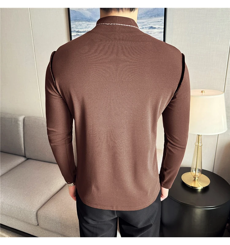 Men Fashion Velvet Spliced Design Long Sleeve T Shirt Elastic Slim Fit Casual 4XL XJ886