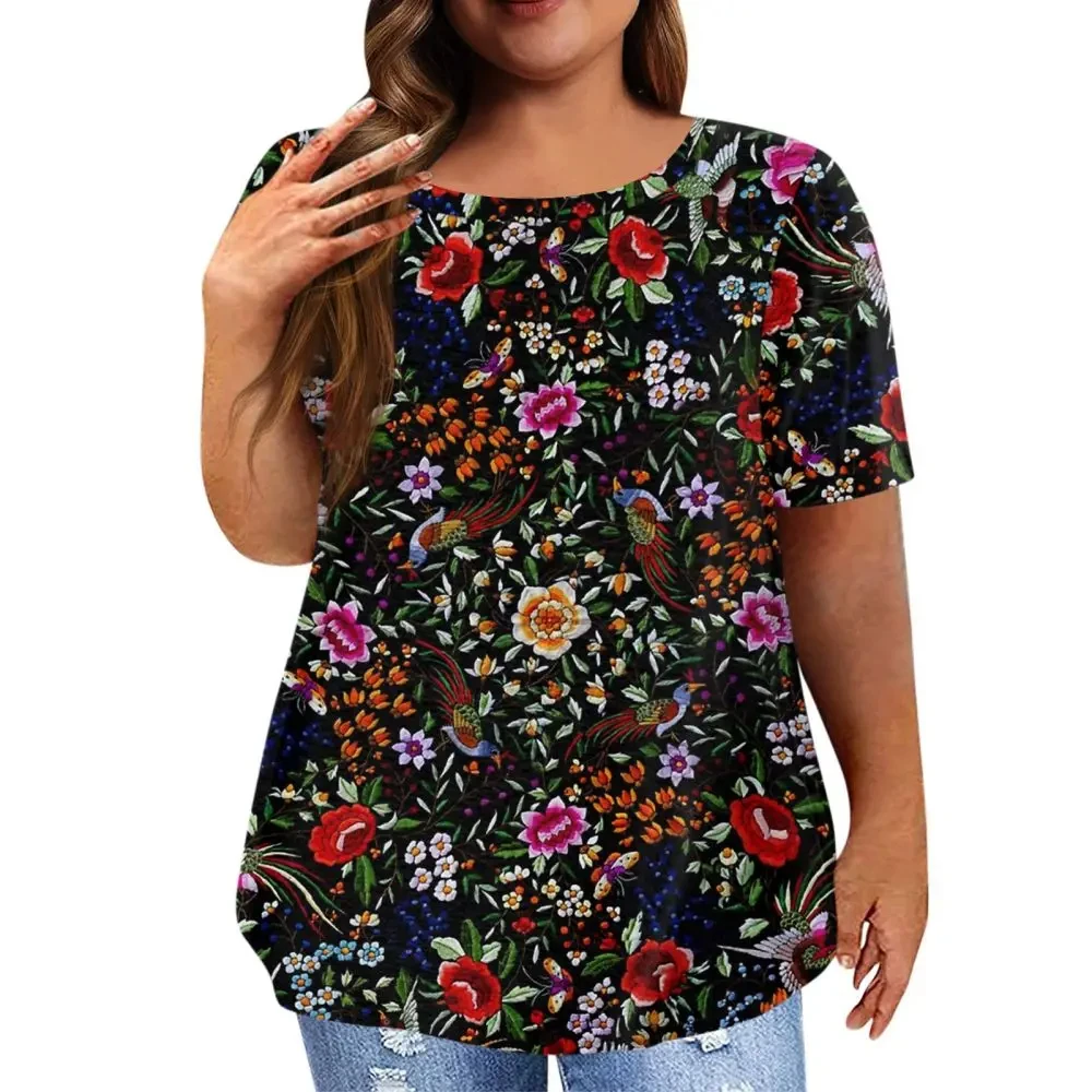 

2024 Summer New Women's T-shirt Floral Print 3D Round Neck Shirt Plus Size casual Harajuku Street Women's T-shirt Short Sleeve
